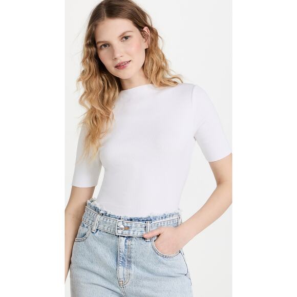 NWOT Nation LTD Cameron Mock Neck Tee White Size Medium Ribbed Fitted Chic Sexy - Picture 2 of 16